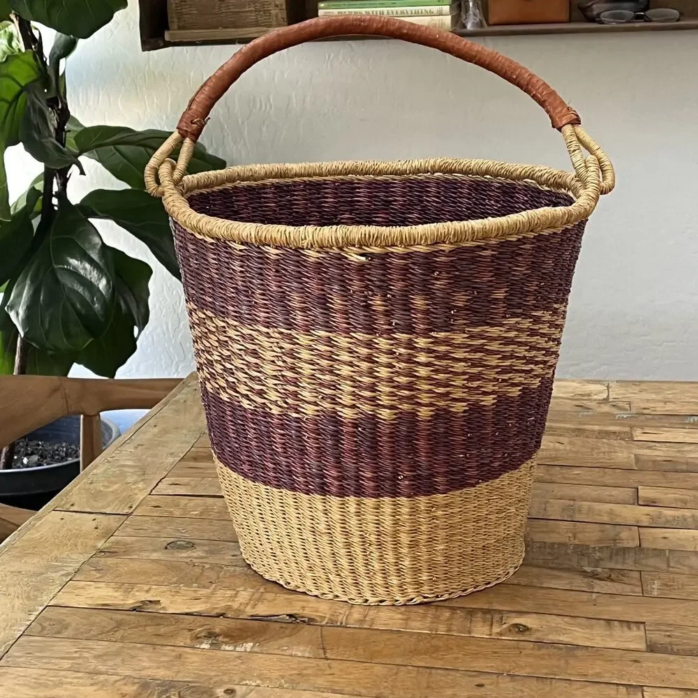 African Hand Woven Bolga Ghana Market Bucket Basket With Leather Wrap Handle